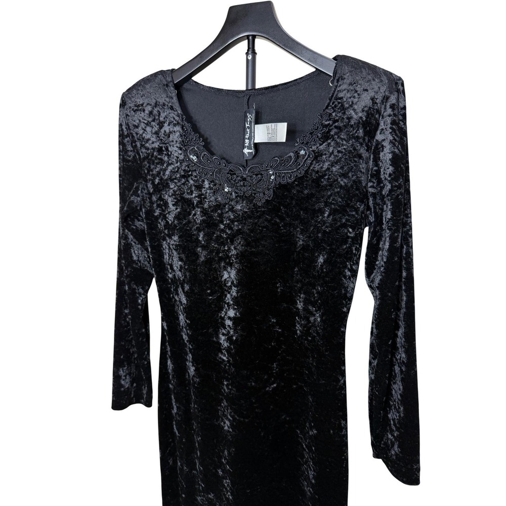 All That Jazz Vintage 90s Black Crushed Velvet Mini Dress Lace Sequin M - Picture 2 of 5